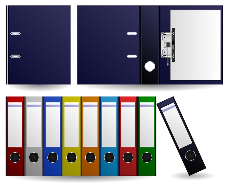 Vector files and folders ring binder. set of multiple color of files and folders. opened and closed folder.
