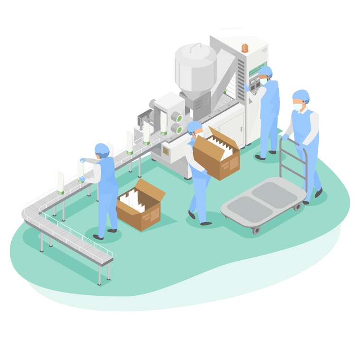 Vector filling machine cosmetic factory production line packing process lasyout isometric