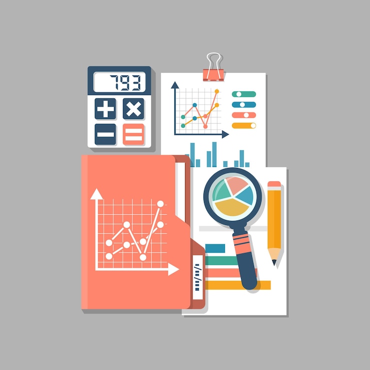 Vector financial accounting concept organization process budget planning report market analysis flat style vector illustration research analytics charts and graphs