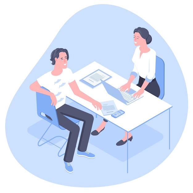 financial advisor, insurance consultant, front office manager sitting at office in and consulting with young professional man.