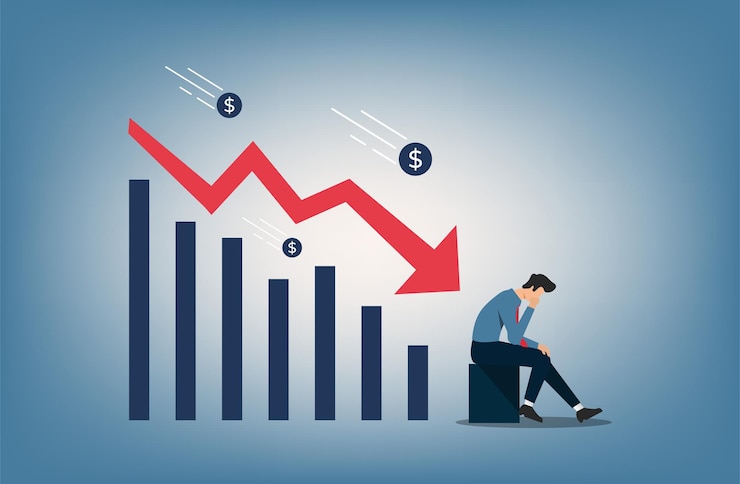 Vector financial and economic crisis concept businessman feels down with descending graph symbol