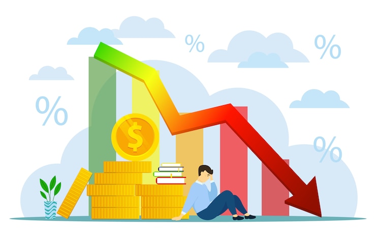 Vector financial crisis graph. icon style illustration for use in advertising, presentations, brochures, blogs, documents, forms and etc. businessman bankrupt recession loss business   concept