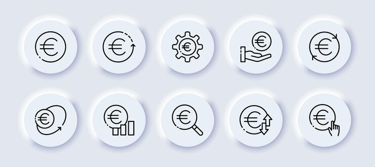 Financial management set icon Hands holding euro money dollar sign coins currency tax internet banking earn Business concept Neomorphism style Vector line icon for Advertising