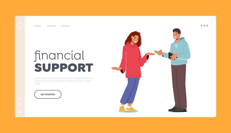 Vector financial support landing page template man giving banknotes to woman with stretched hand vector illustration