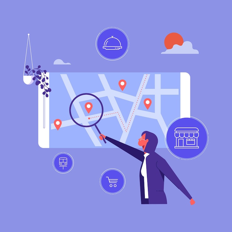 Vector find closest on city map with pins showing varied business services icons
