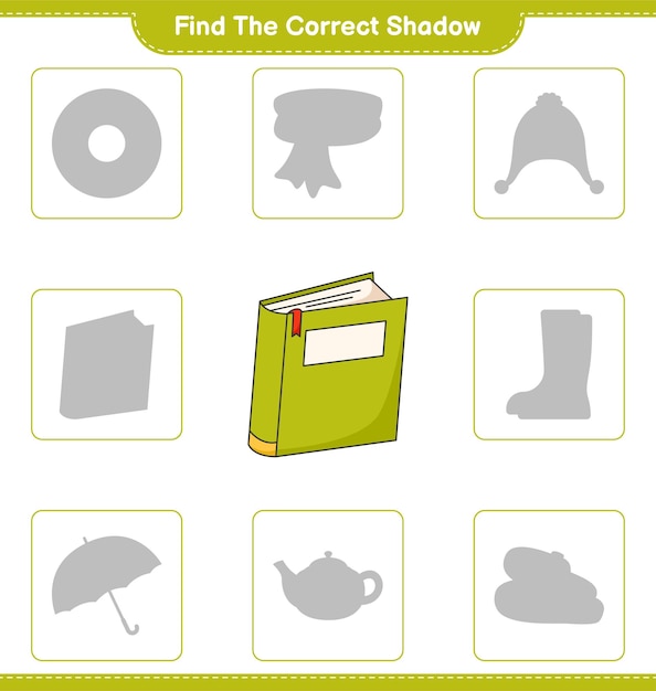 Find the correct shadow. Find and match the correct shadow of Book. Educational children game, printable worksheet, vector illustration