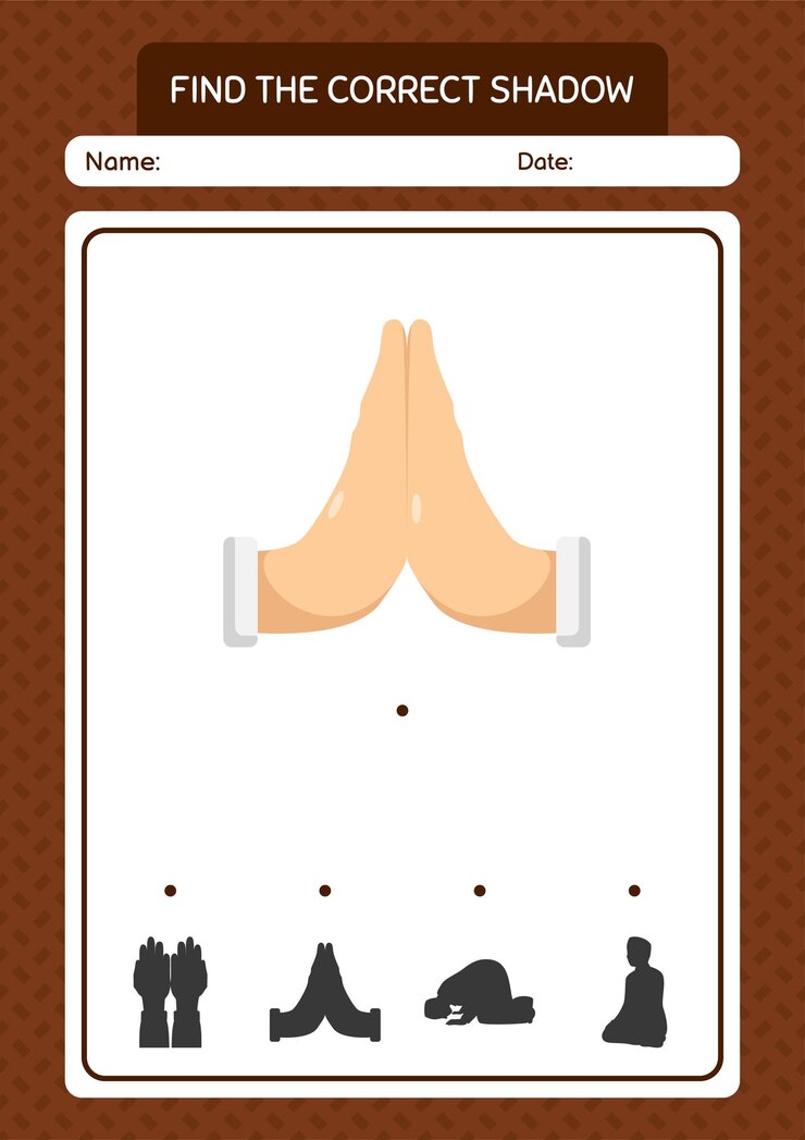 Vector find the correct shadows game with praying worksheet for preschool kids kids activity sheet