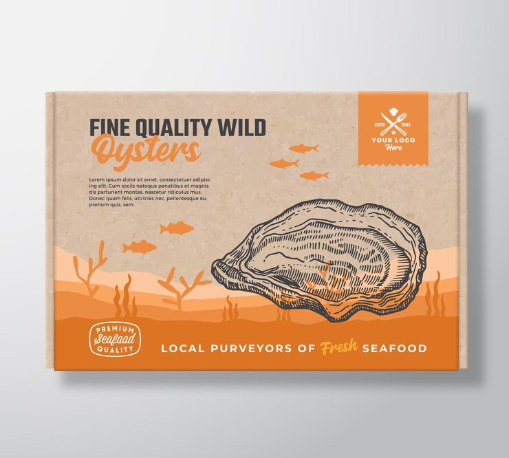 Vector fine quality seafood cardboard box. abstract vector food packaging label design. modern typography and hand drawn oyster and fishes silhouettes. sea bottom landscape background layout with banner.