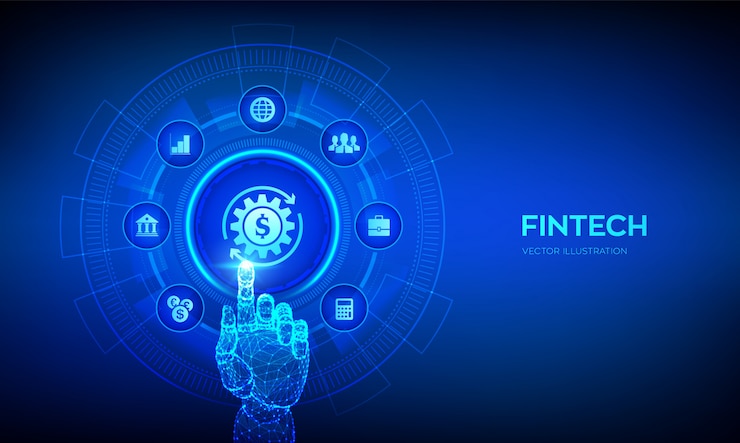 Vector fintech. financial technology, online banking and crowdfunding concept on virutal screen. robotic hand touching digital interface.