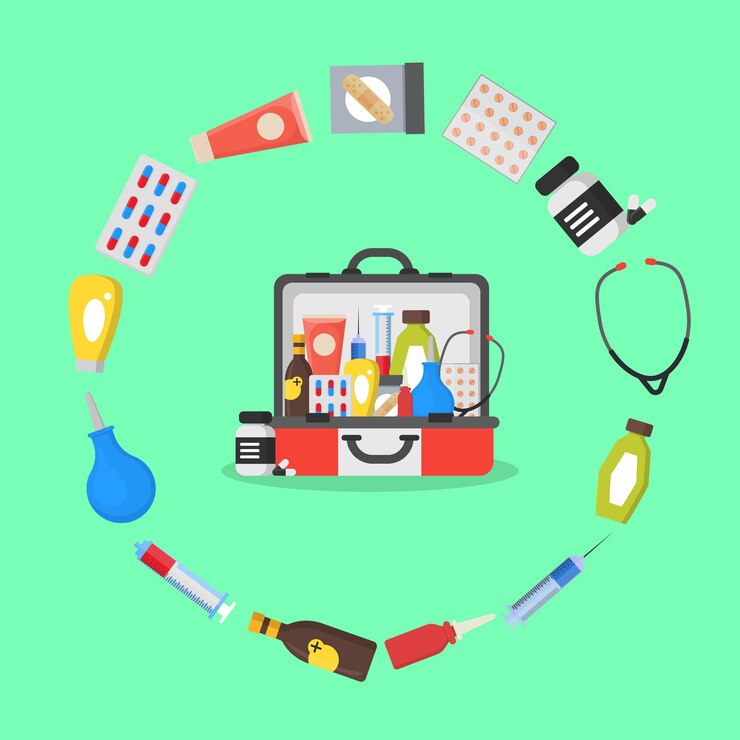 Vector first aid kit box or suitcase and element concept flat style design emergency healthcare vector illustration