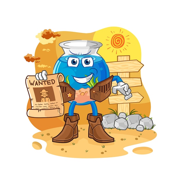 fish bowl cowboy with wanted paper cartoon mascot vector