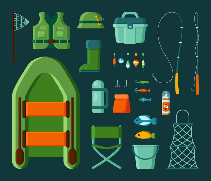 Vector fishermen equipment. spinning hook fish bait and boat for season fishing on lake or sea.