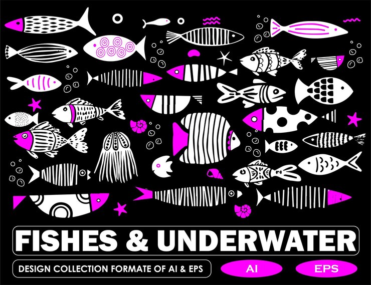 Fishes and Underwater white fish set Pattern with black Background