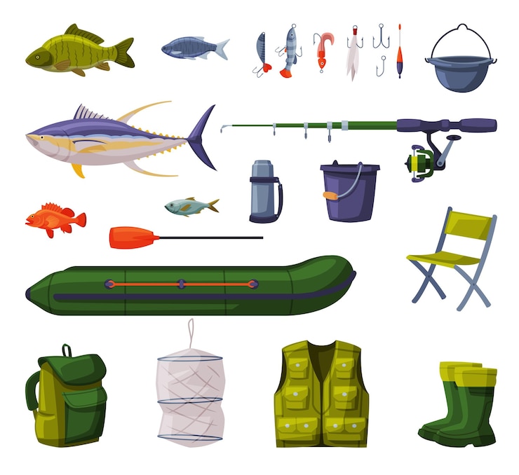 Vector fishing equipment set fishing tools apparel boat accessories cartoon vector illustration