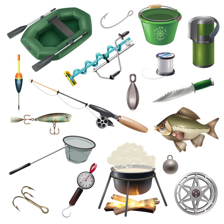Vector fishing rig elements set