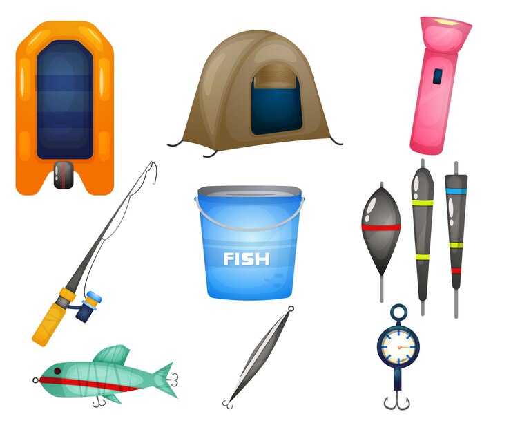 Vector fishing tools illustration set. 