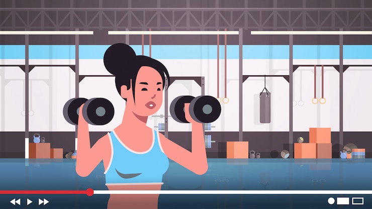 Vector fitness blogger doing exercises with dumbbells sportswoman