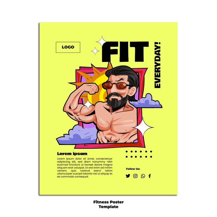 Fitness Poster Template with hand drawn illustration of buffed man with sunglasses