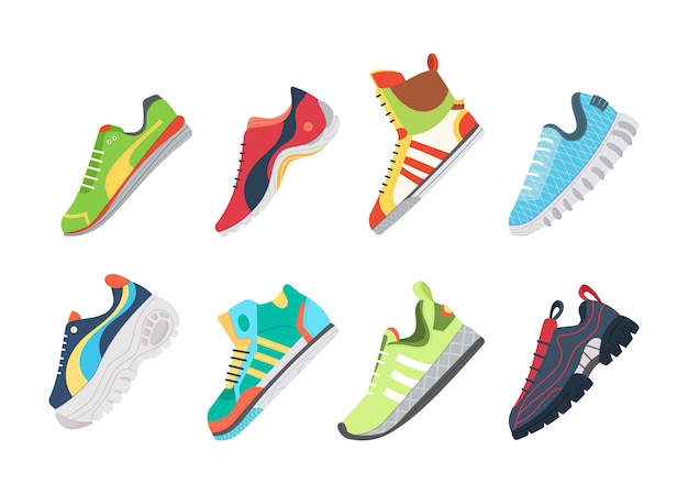 Fitness sneakers shoes set Comfortable shoes for training running and walking Sports shoes of various shapes bright colors cartoon vector illustration