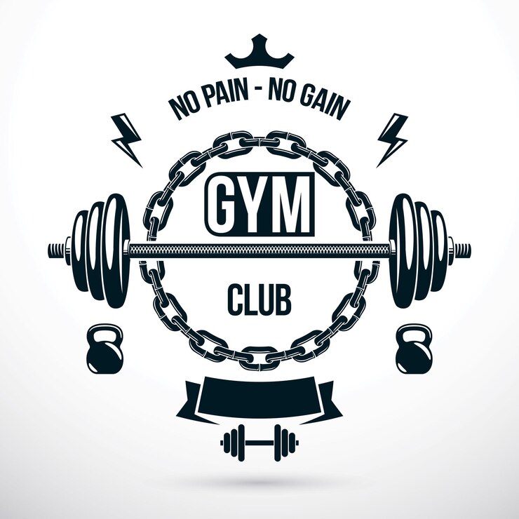 Vector fitness workout and weightlifting gymnasium vector conceptual emblem, barbell composed using kettle bells and iron chain.