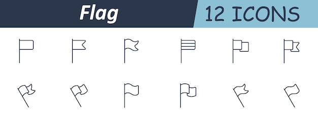 Flag set icon Various flag shapes on vertical and diagonal poles with different edge cuts curves folds and wave patterns displayed in minimal outline style