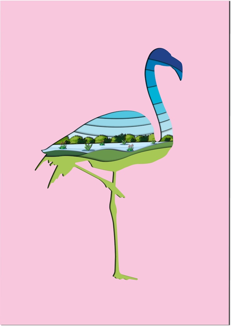 Vector flamingo habitat using the papercut technique
