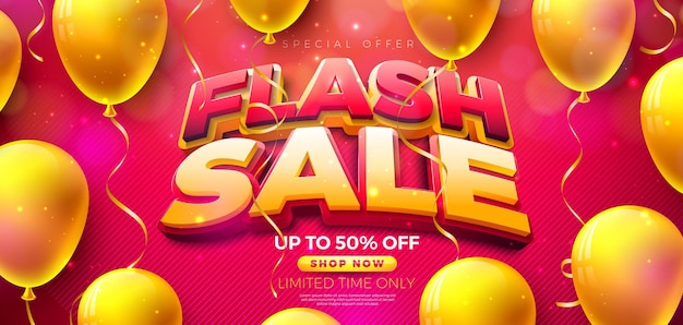 flash sale shopping day banner design with 3d lettering and party balloon on red background vector