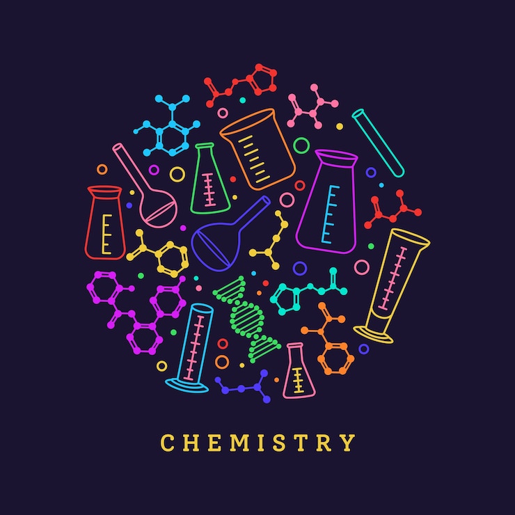 Vector flask, beaker and structure chemical atom. laboratory equipment doodle. chemistry science dna