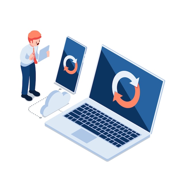 Flat 3d Isometric Businessman Synchronizing Laptop and Smartphone Cross Platform Device Synchronization Concept