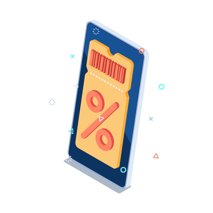 Vector flat 3d isometric discount coupon on smartphone screen online marketing and sale promotion concept