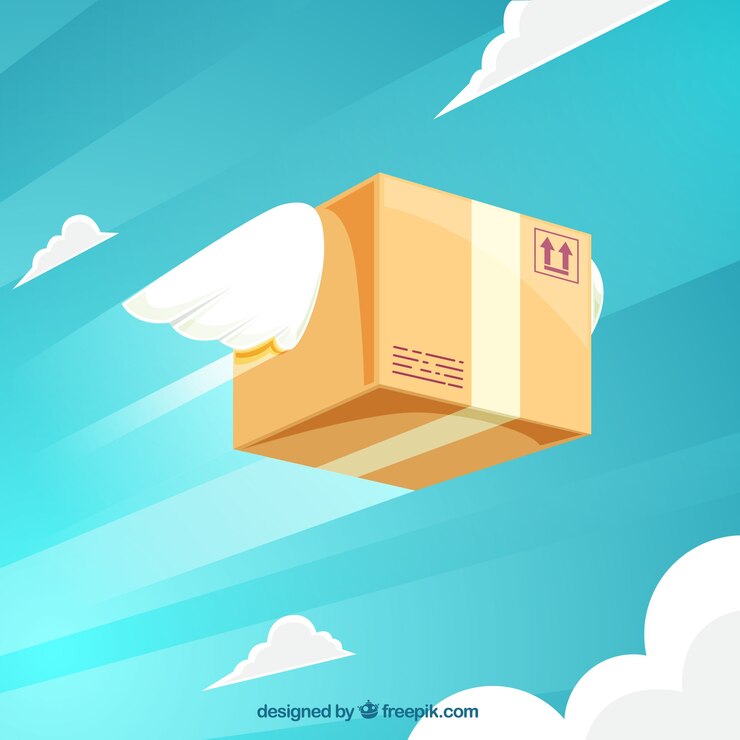 Vector flat carton box flying with wings