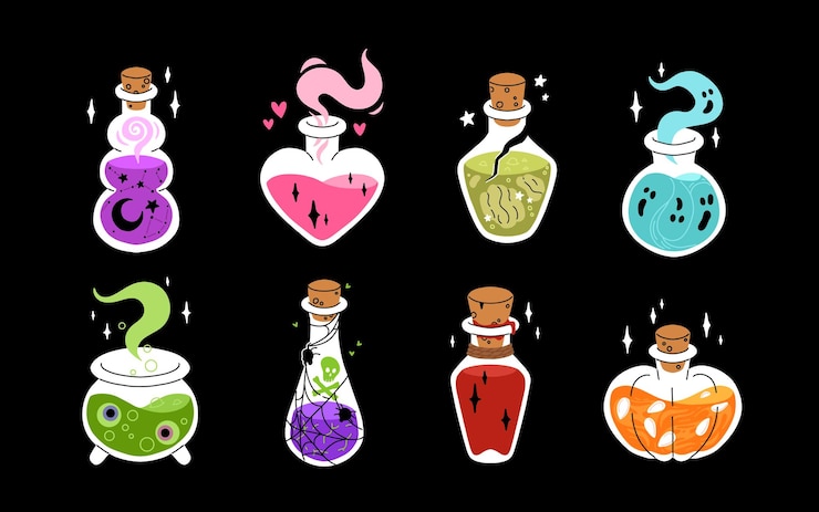 Vector flat cartoon bottles with magic potion alchemical drink in magic jars flasks elixir halloween witch drinks star love ghost pumpkin zombie potions poison and vampire blood