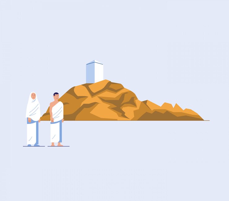 Vector flat character of hajj pilgrims at mount arafat