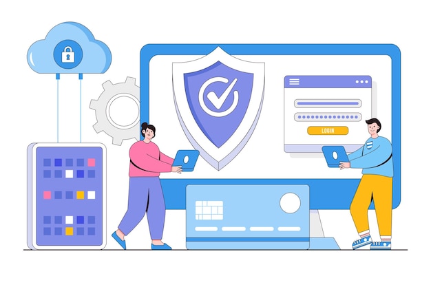 flat database and cyber data security personal privacy concept outline design style minimal vector illustration for landing page web banner infographics hero images
