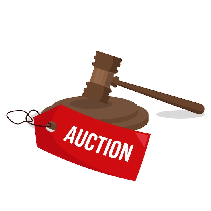 Vector flat design auction illustration with gavel and tag