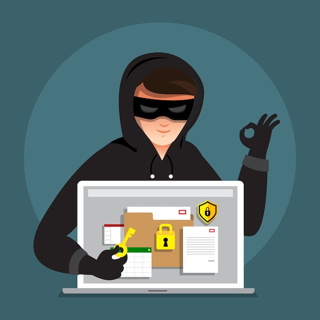 flat design concept hacker activity cyber thief on internet device. illustrate.