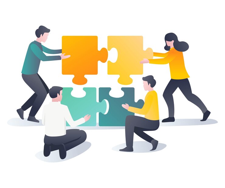 Vector flat design concept  the work team is compiling a puzzle
