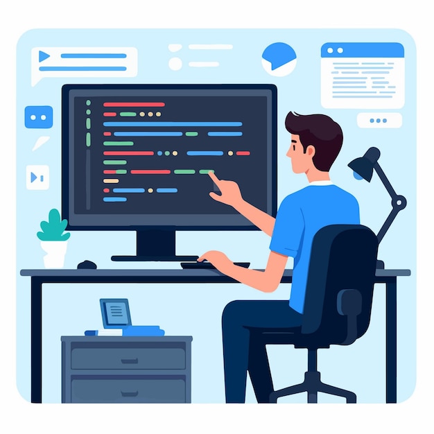 flat design illustration of a male programmer pointing at code on a computer screen