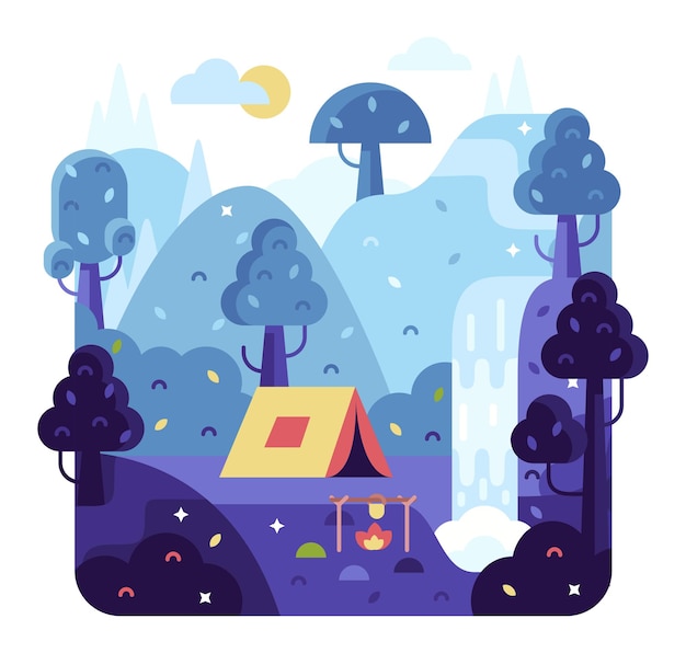Flat design nature landscape cartoon illustration with trees hills and clouds