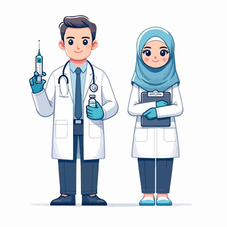 Vector flat design of a male doctor and a female the doctor is holding a syringe
