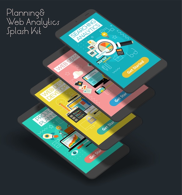 Flat design responsive Project Planning, Searching Analytics and Web Development UI mobile app splash screens template with trendy illustrations and 3d smartphone