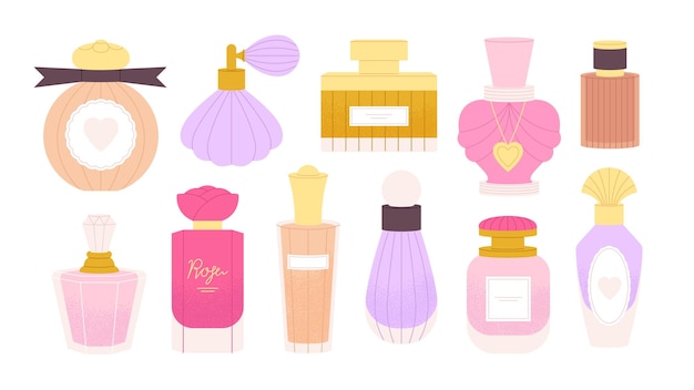 Flat fashion perfume bottle Isolated flasks and glass vials for men and women Aroma water bottles fragrance and spray Racy vector cosmetics set