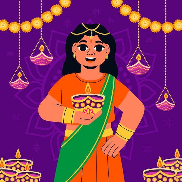 Flat illustration for diwali hindu festival celebration