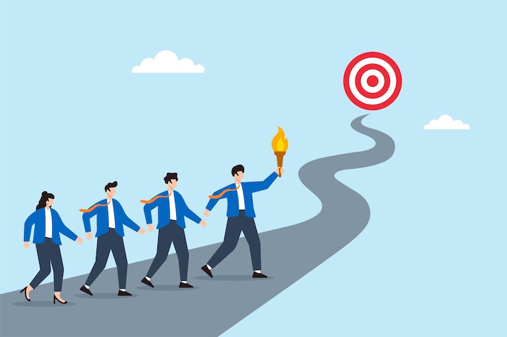 Vector flat illustration of business leader guiding team on winding road with torch toward strategic goal
