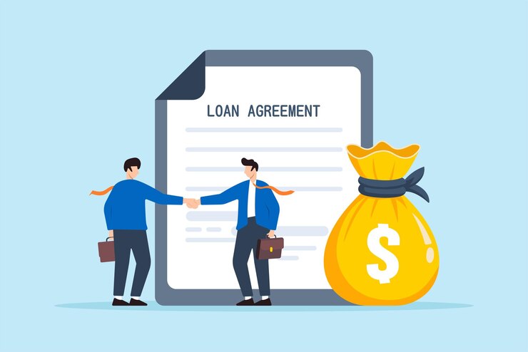 Flat illustration of businessman shaking hand with loan agreement and money bag symbolizing financial support or mortgage