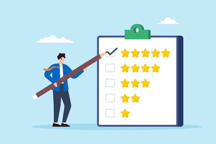 Vector flat illustration of businessman use pencil to give five star evaluation in feedback survey