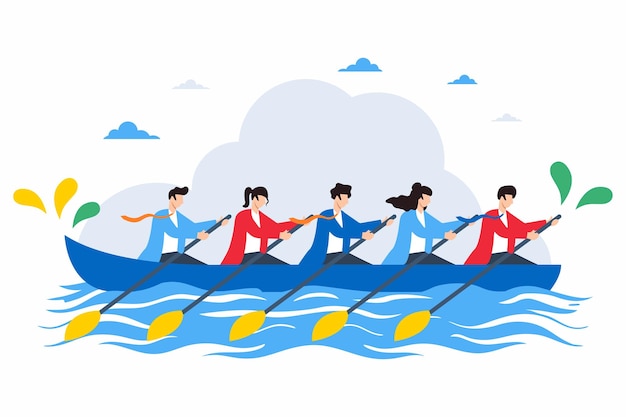 Flat illustration of employees rowing boat in unison representing teamwork and synergy