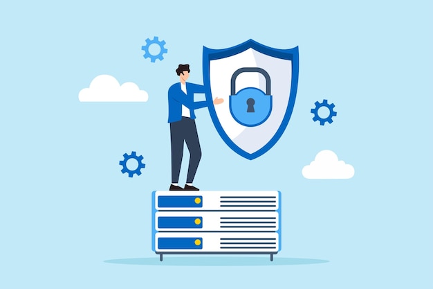 Flat illustration of it specialist holding shield over network server to represent data protection