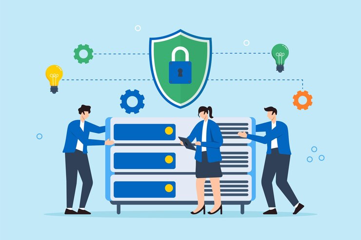 Flat illustration of three people building secure network around server to prevent cyberattacks with encryption and cybersecurity protocols