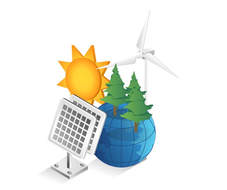 Vector flat isometric 3d illustration concept eco green solar panel minimalism